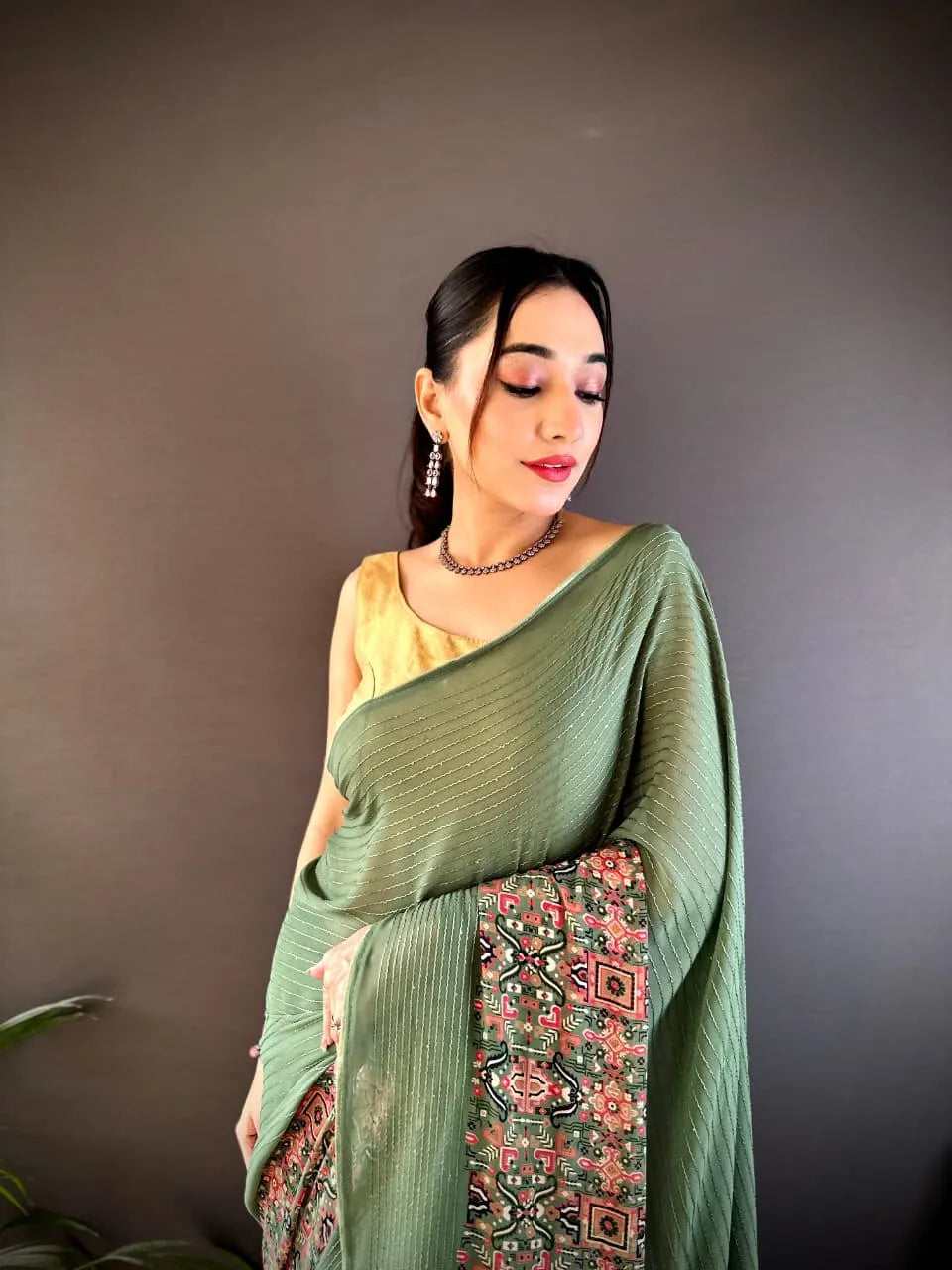 Fancy Georgette Saree with Sequence Work & Foil Print | Party Wear Saree (Green)